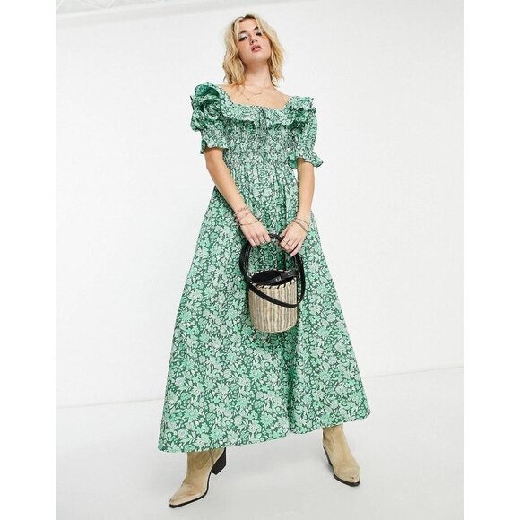 Reclaimed Vintage Dresses & Skirts - NWOT Reclaimed Vintage Puff Sleeve Midi Dress Floral Green 6